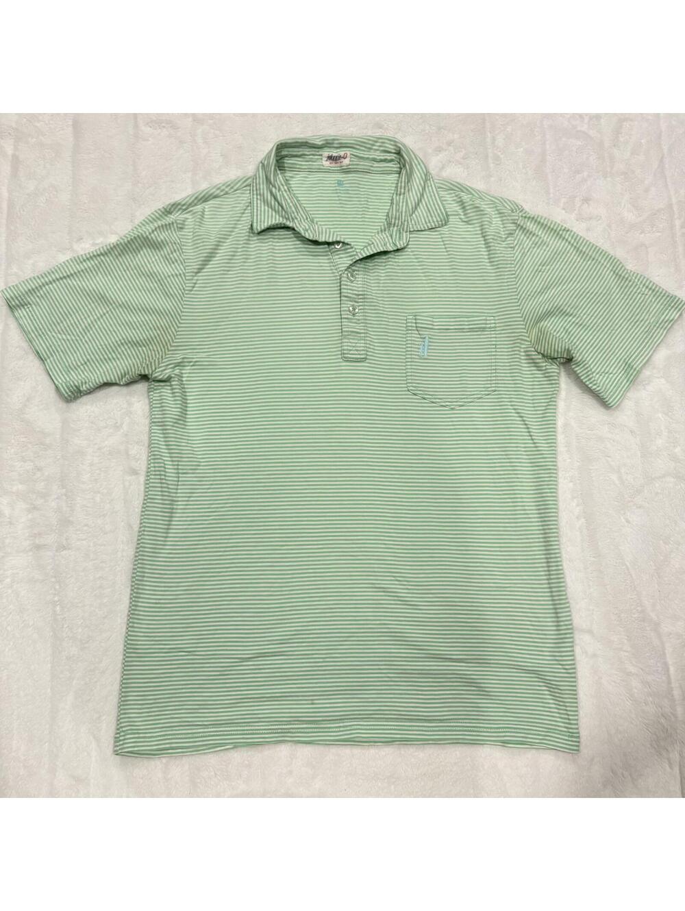 Johnnie-O Men's M Cotton Green/White Striped Polo Shirt Golf Casual Pocket Short